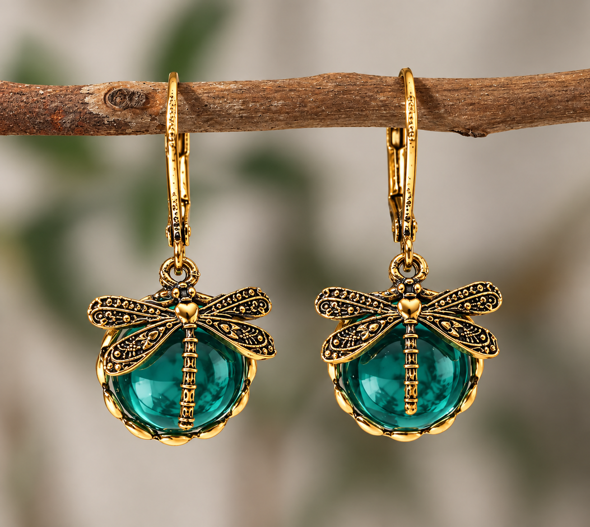 Aretes de alas de libélula con diseño natural y brillo dorado, estilo elegante y delicado, de la marca Nia-Vanity.