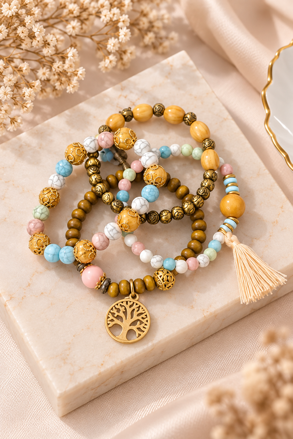 Set de 4 pulseras con conexión natural, árbol de la vida y piedras, de la marca Nia-Vanity, en tonos verdes y neutros.