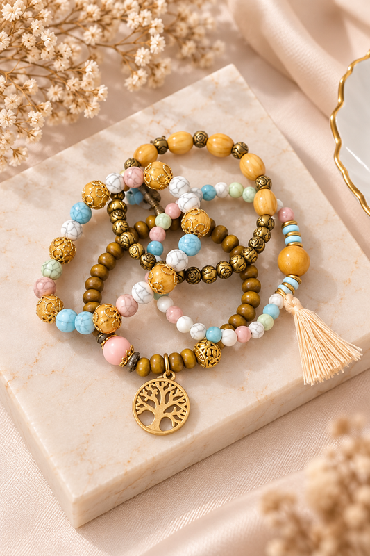 Set de 4 pulseras con conexión natural, árbol de la vida y piedras, de la marca Nia-Vanity, en tonos verdes y neutros.