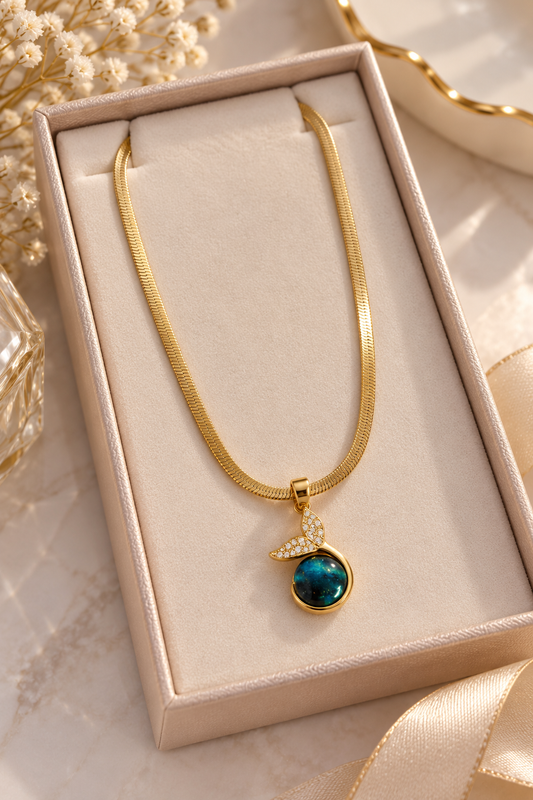 Collar dorado con dije en forma de sirena de la marca Nia-Vanity, diseño elegante y llamativo para lucir en ocasiones especiales.