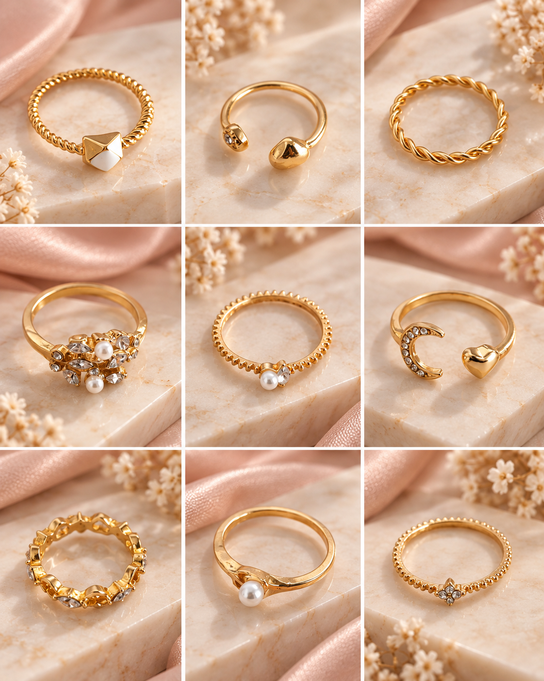 Set de 10 anillos dorados de Nia-Vanity, accesorios de moda con diseño elegante y brillante en primer plano.