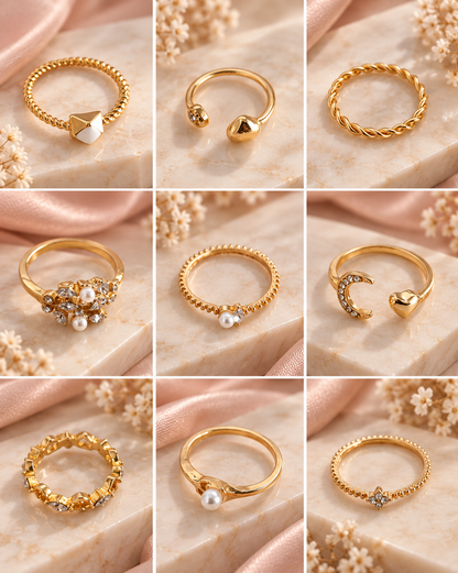 Set de 10 anillos dorados de Nia-Vanity, accesorios de moda con diseño elegante y brillante en primer plano.