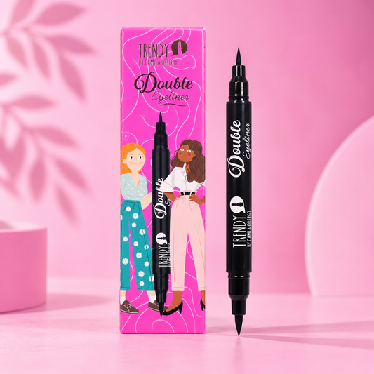Delineador plumón doble punta negro de larga duración de la marca Nia-Vanity, con perfil fino y grueso para definir ojos.